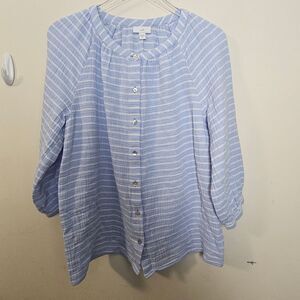 J Jill Cotton-Gauze Striped Button-Front Top Medium Blue/White